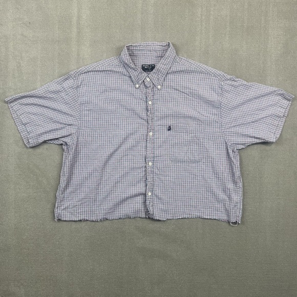 Ralph Lauren Y2K Cropped Plaid Button Down Shirt XL Blue Red Cotton Boxy Grunge — photo 2